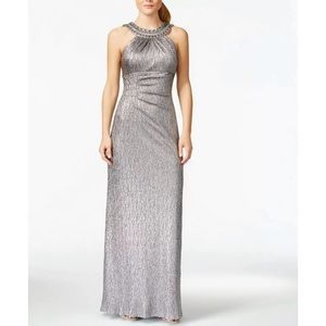 XSCAPE Embellished Metallic Silver Halter Gown